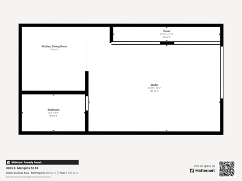 Floor plan for studio, 1 bath
